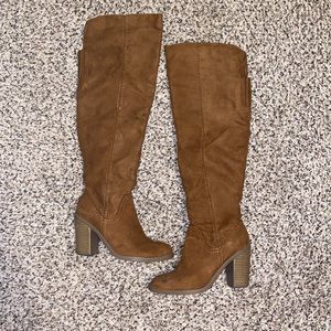 Brown, suede, calf length boots with zipper. Wide calf friendly.